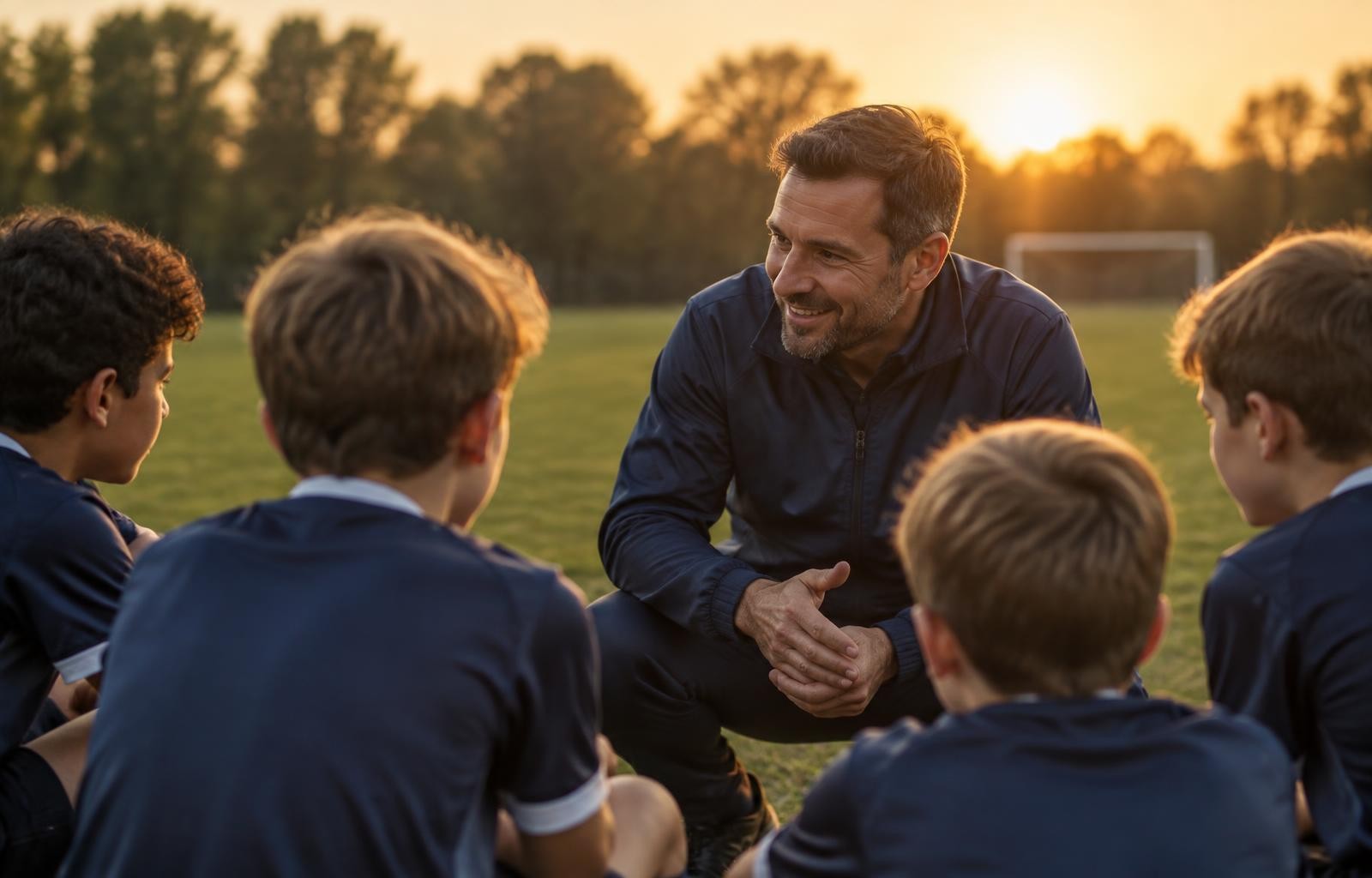 Éducateur échangeant avec un groupe de jeunes joueurs au coucher du soleil
