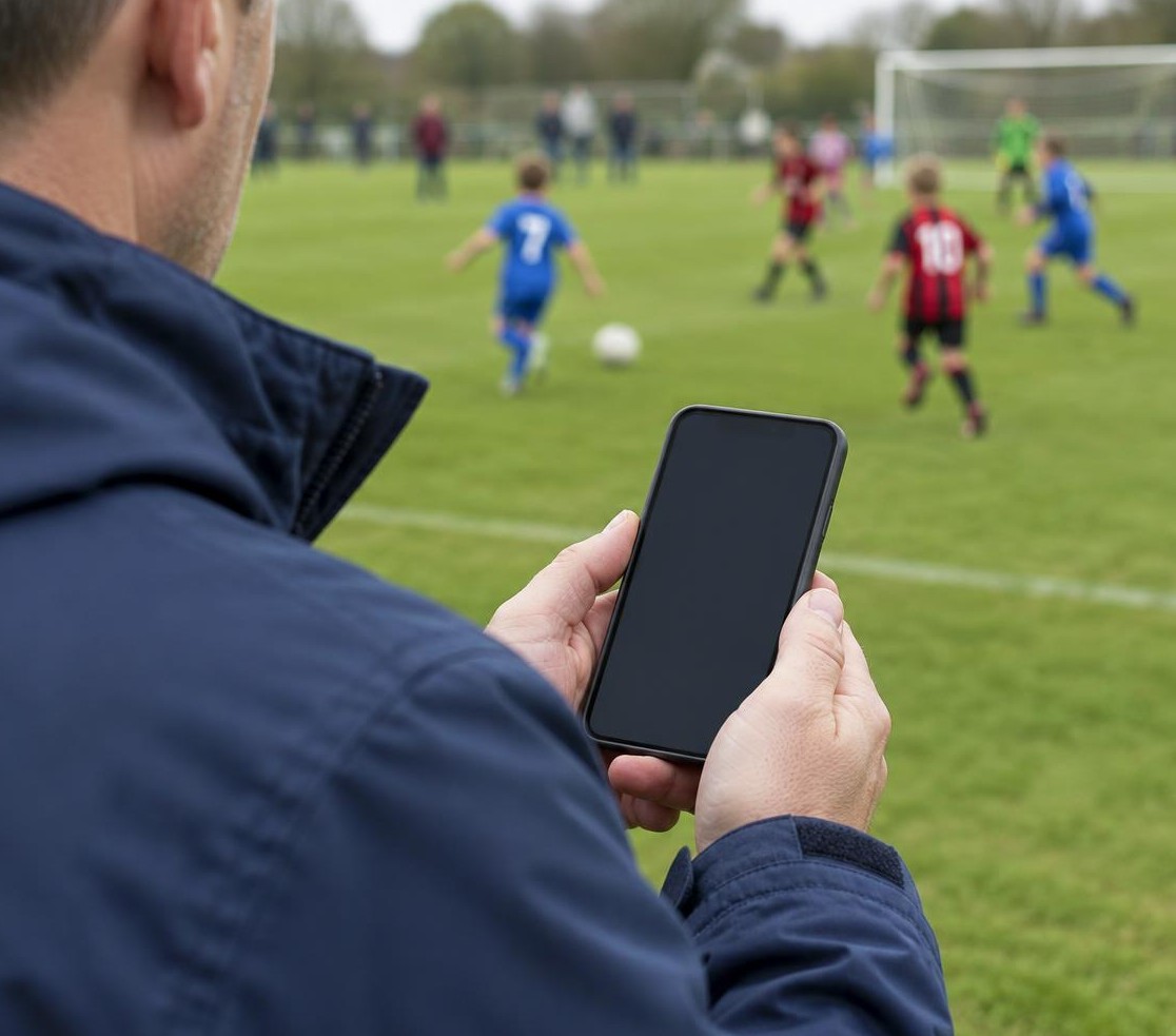 Parent consultant l'application depuis le bord du terrain