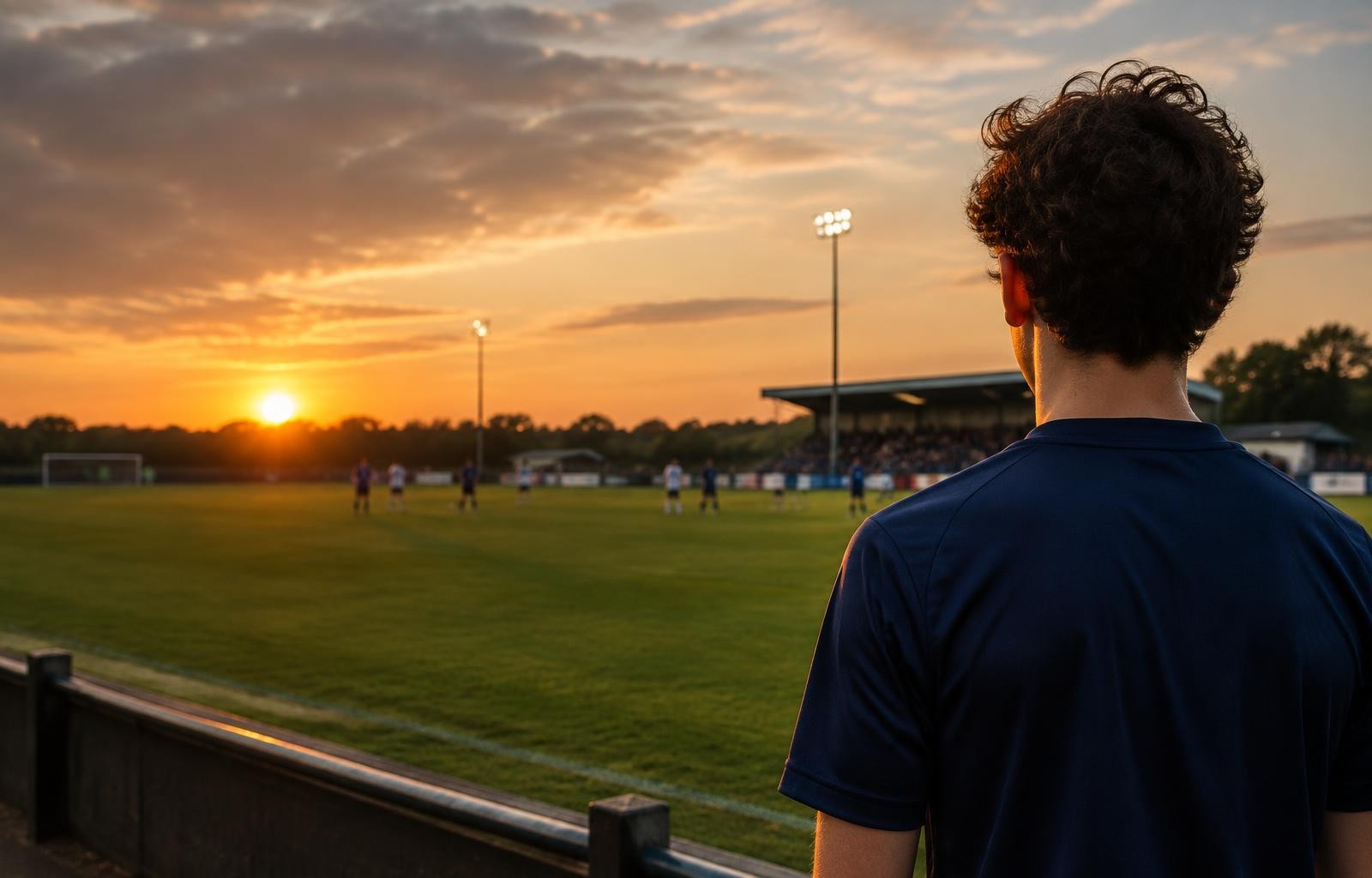 Jeune joueur observant le terrain au coucher du soleil